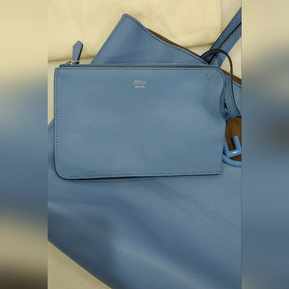 Fendi Blue Leather Tote Bag with Logo Cutout & Leather Tote Pouch